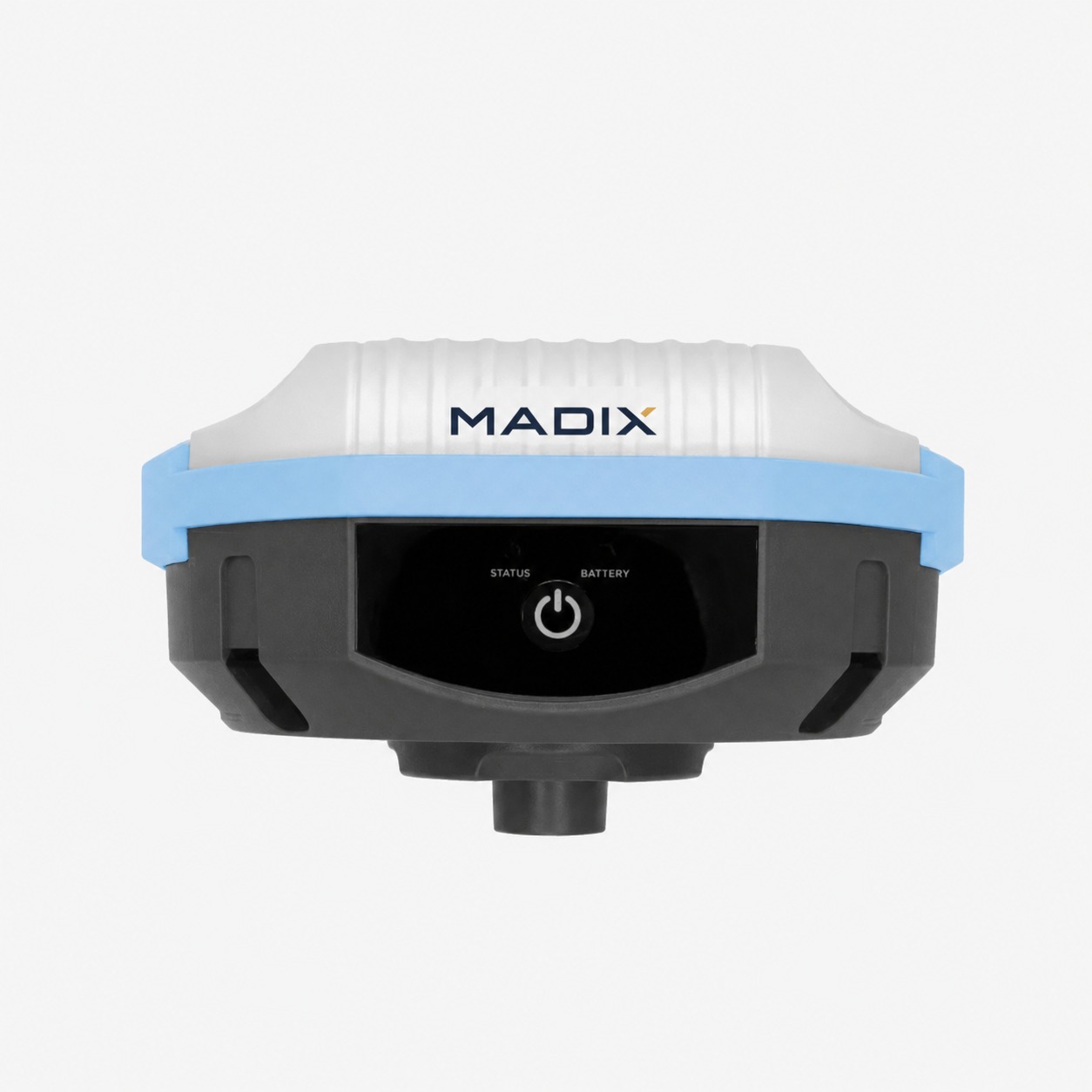 Front view of the MADIX Smart RTK rover showing the power button and status and battery indicators