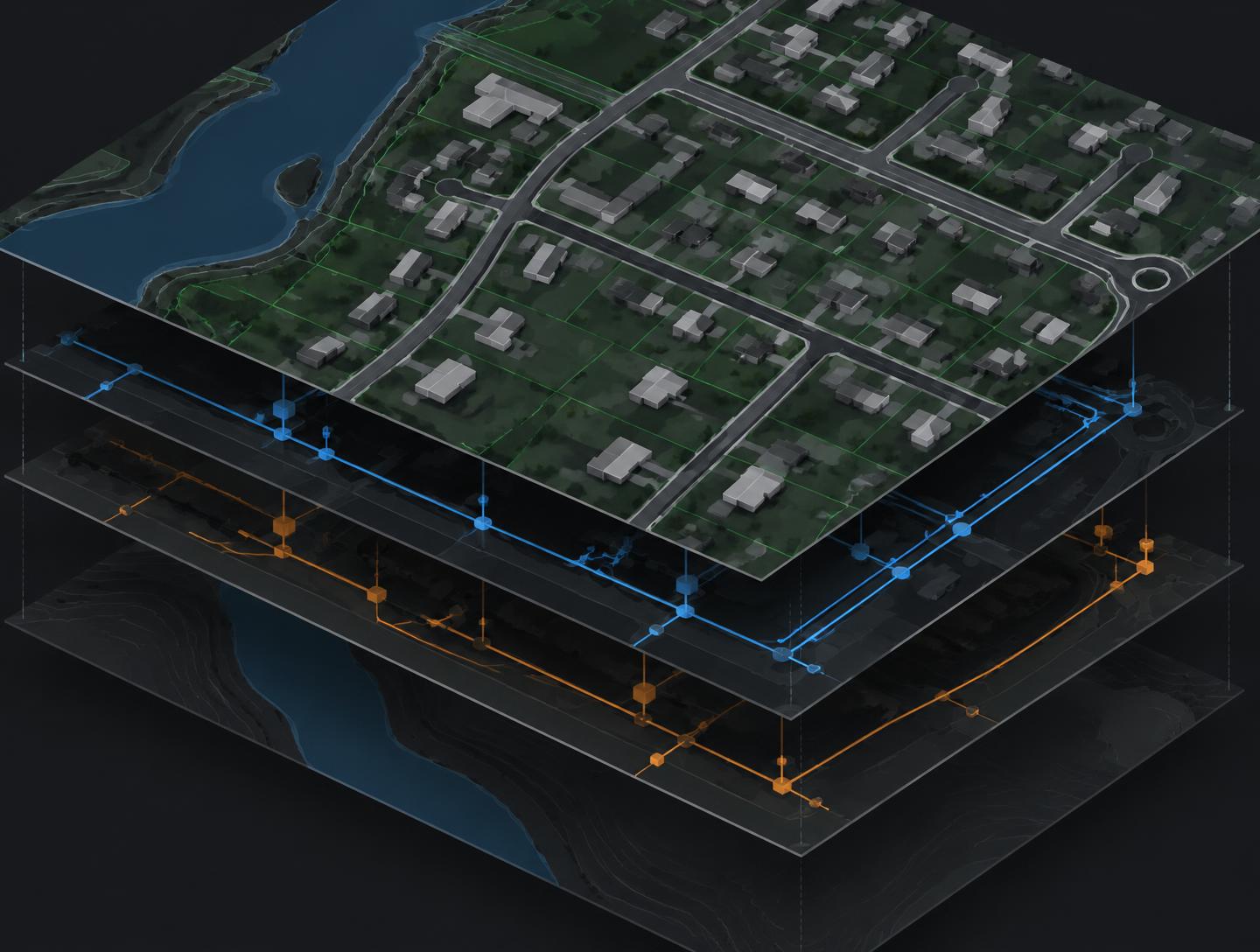 مثال توضيحي لطبقات GIS: قطع أراضٍ ومبانٍ وطرق وشبكات مرافق
