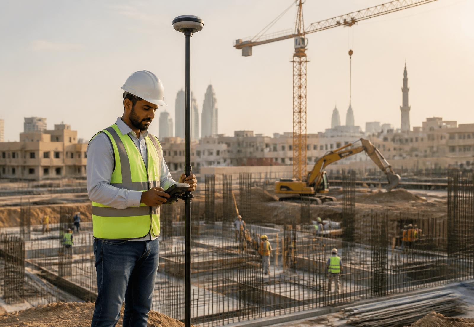 Surveyor using a GNSS RTK rover on an active construction site