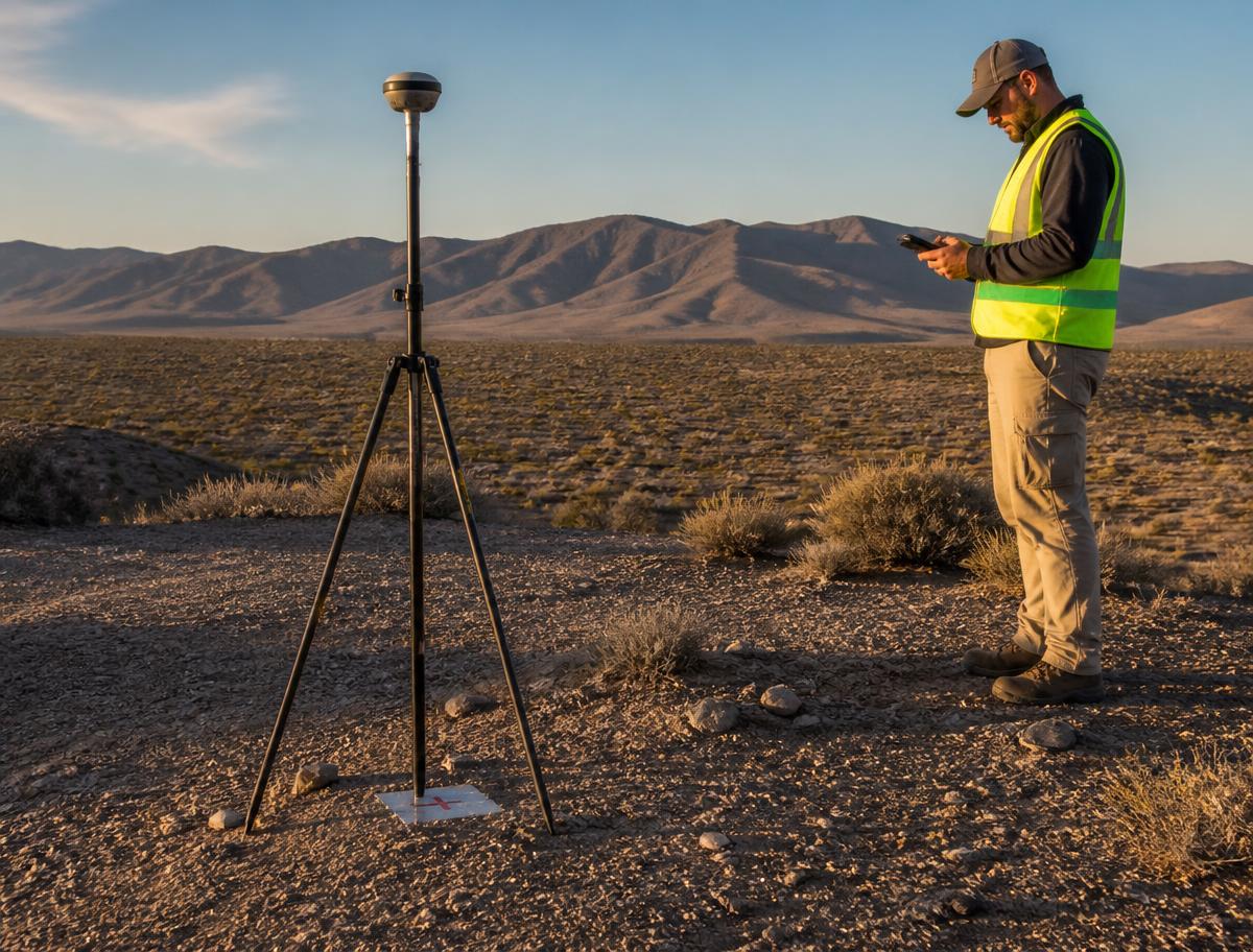 Surveyor holding a GNSS RTK rover pole with a survey-grade antenna during a site survey