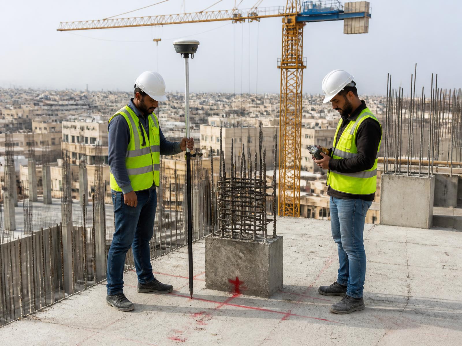 Survey crew using a GNSS RTK rover on a reinforced-concrete building construction site
