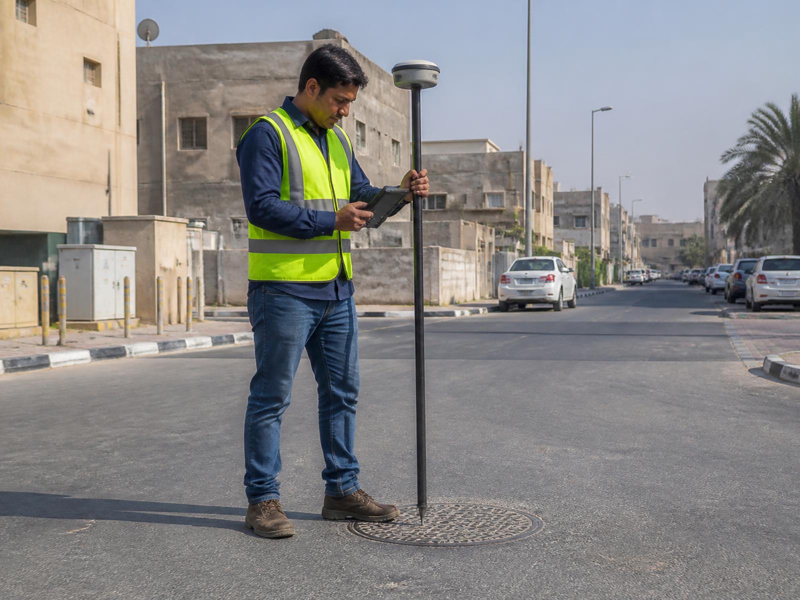 Municipal technician mapping a manhole asset with a GNSS rover pole and rugged tablet on a city street